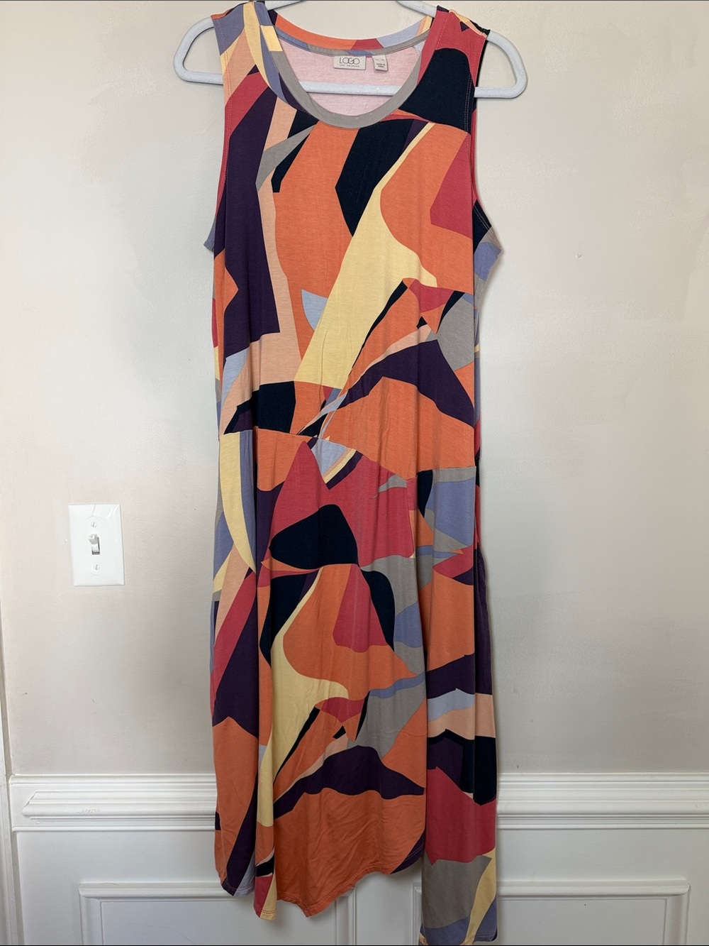Abstract Colorblock Sleeveless Maxi Dress - Orange, Navy & Yellow. Size XL